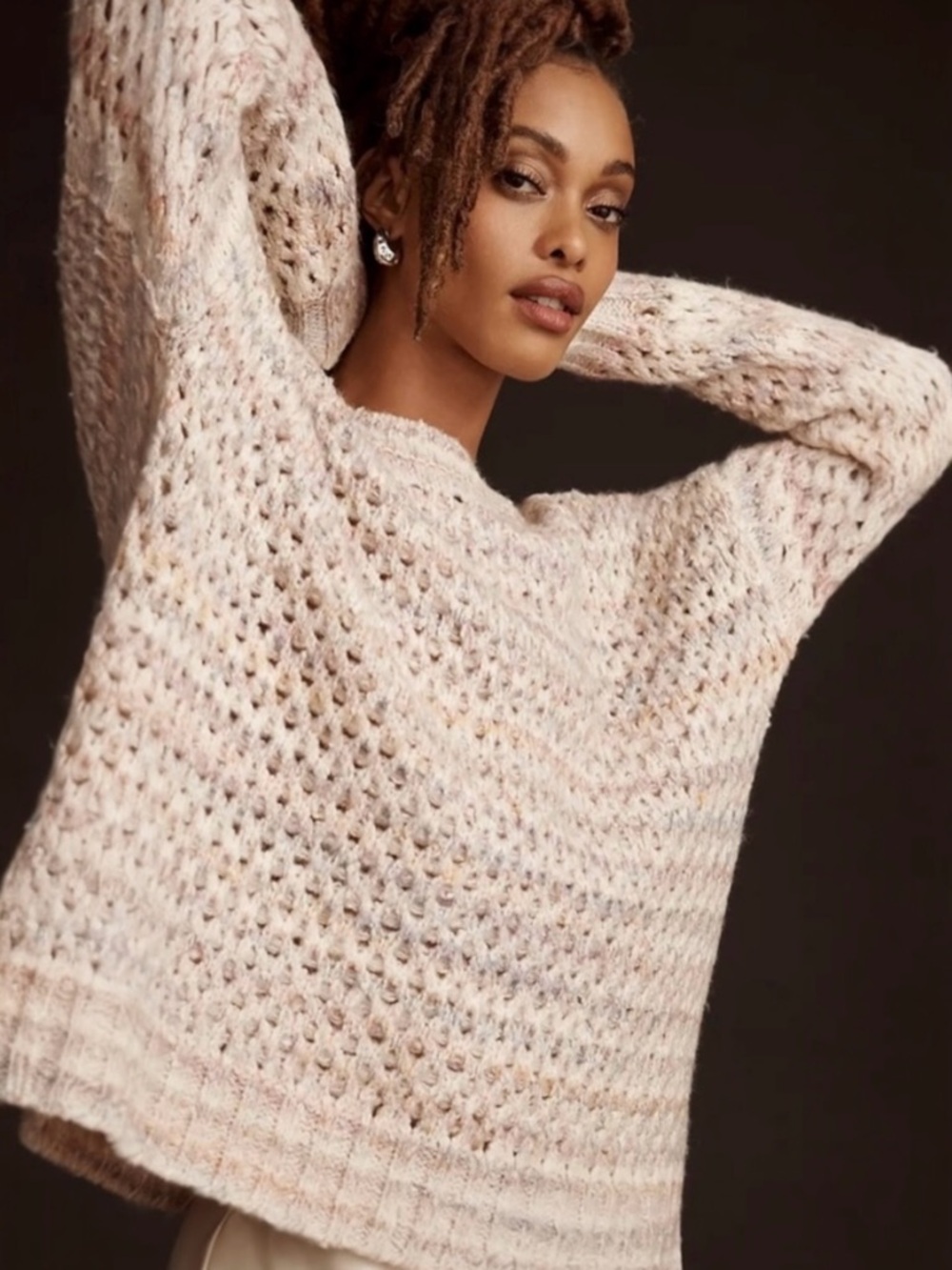 Anthropologie 2023 Oversized Mesh Stitch Sweater Cream Multicolor XS Fisherman